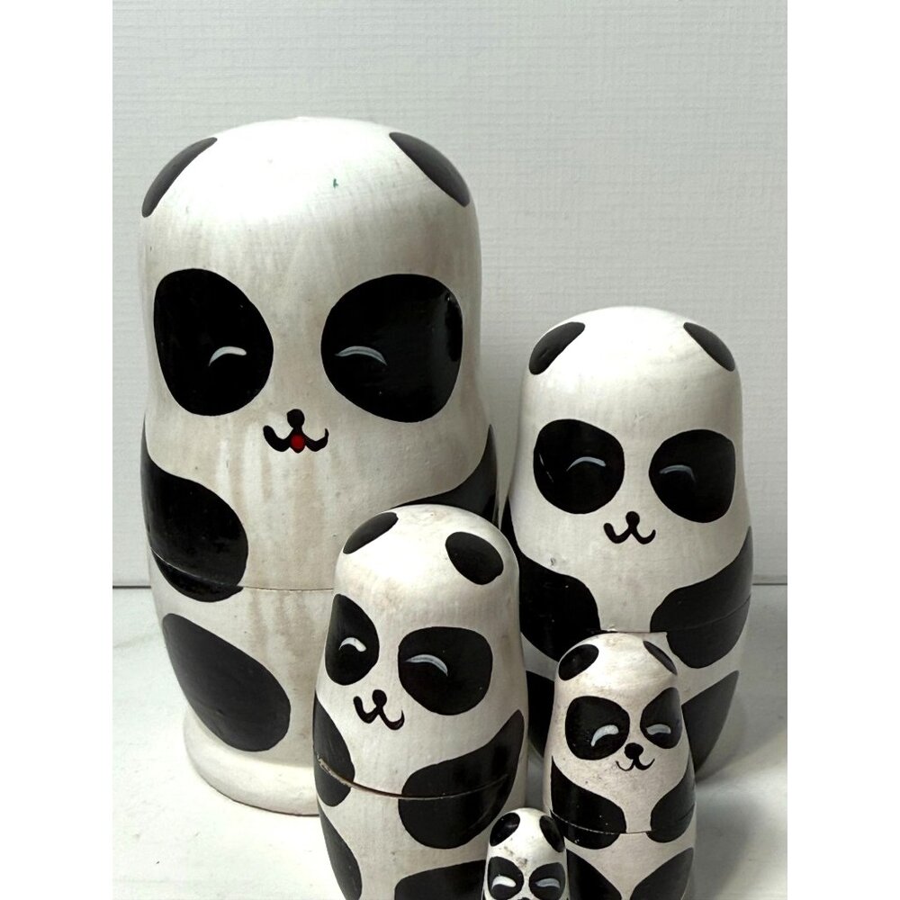 Nesting Panda Bear Family Wooden Doll Statues - Picture 6 of 8